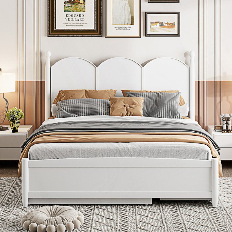 Queen Size Bed Frame, Upholstered Platform Bed With Headboard, White
