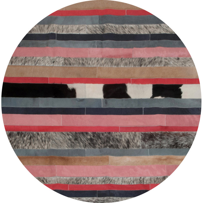 Cuir rayé tissé à plat rose/noir/gris intérieur/extérieur Nueva Raya Tapis décoratif, Rond 8 pi 2 po