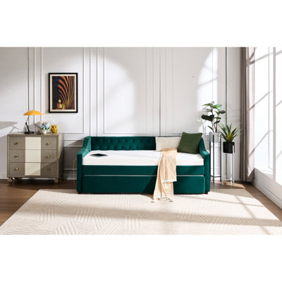 Lit de jour simple en velours avec couchette, port de charge et poches de rangement latérales, passepoil ondulé avec accoudoirs à dossier, pièce de chambre contemporaine capitonnée, décoration élégante