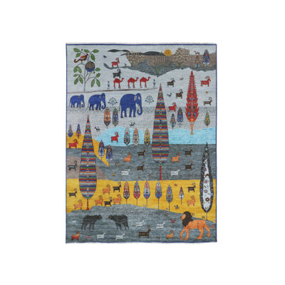 Tapis gris en laine noué à la main 9 pi x 12 pi avec motif d'arbres et d'animaux 1D98C7D3B926492B8404DAFD591F8C2E