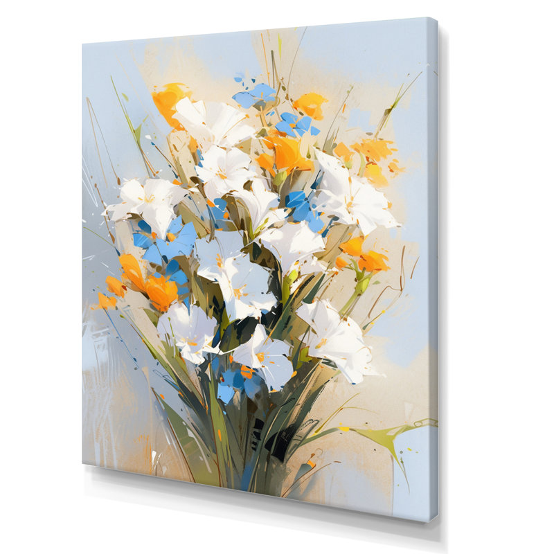 Fleurs bleues et blanches sur fond blanc, H 32 po x l 16 po x P 1 po, Toile tendue
