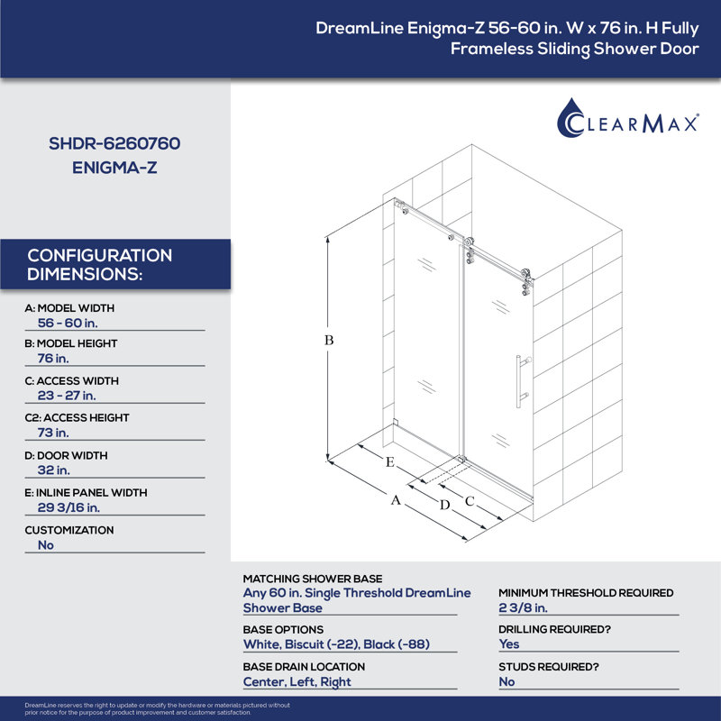 Enigma-Z 56" W x 76"H Single Sliding Frameless Shower Door with Clearmax™ Technology, Brushed Stainless Steel
