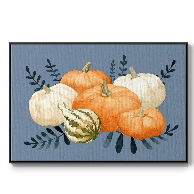 Automne orange et bleus, toile tendue avec châssis en I, H 25 po x l 37 po x P 2 po, Noir