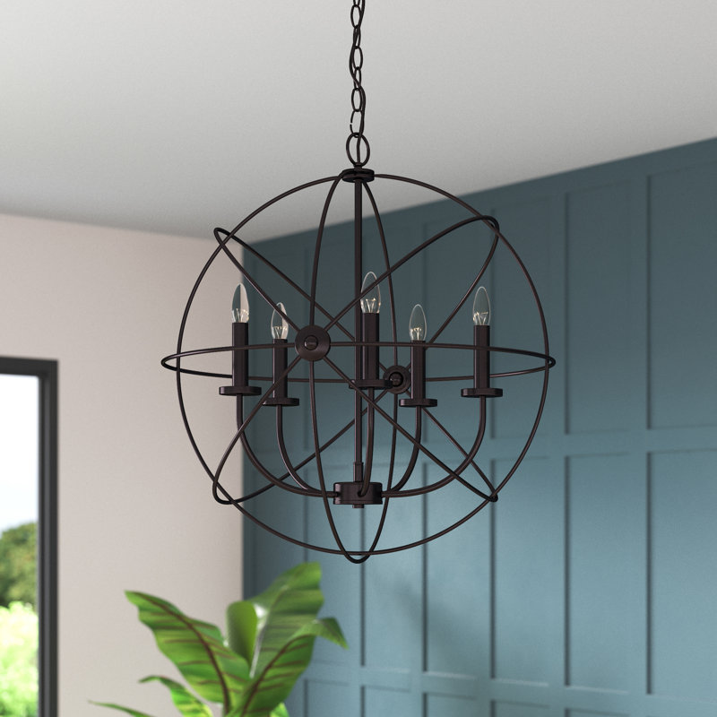 Lustre sphérique unique à 5 lumières Waldron, Bronze huilé
