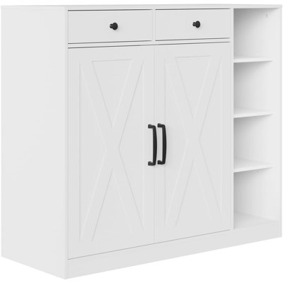 Armoire à chaussures blanche à 7 niveaux avec 2 portes de grange et 2 tiroirs - tablettes réglables, crochets et rangement ouvert pour vestibule, couloir, vestibule ou garde-robe