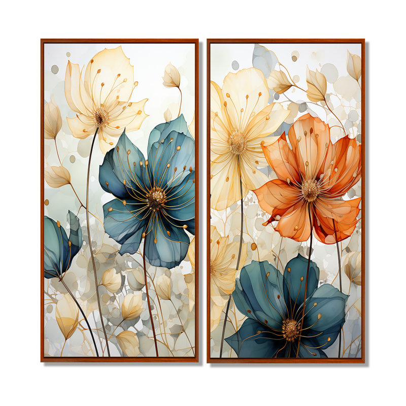 Mosaïque de pétales orange sarcelle I - art mural moderne 2 pièces, H 40 po x l 40 po, Brun