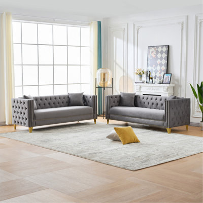 Chesterfield Velvet Sofa,3+3 Seater Deep Seat Sofa,Modern Sofa With Button Nailhead,Square Arm Couches,Furniture For Living Room,Bedroom,Office
