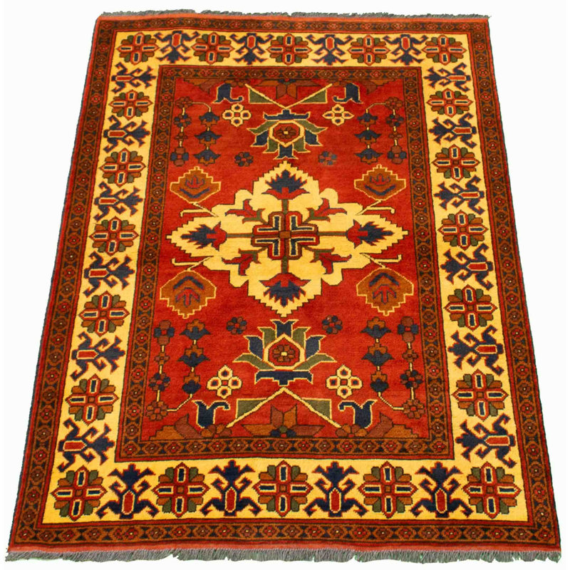 Tapis cuivre / jaune nouvel âge en laine nouée à la main de conception unique 4 pi x 5 pi 10 po Gwelda