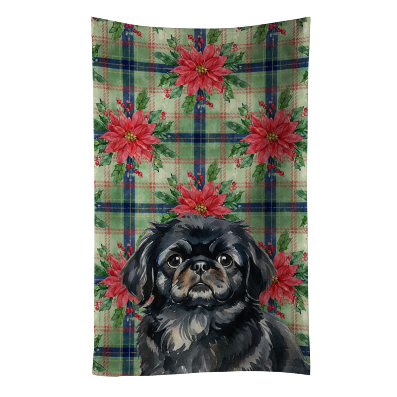 Black Pekingese Christmas PoinsettIas Kitchen Towel, Black Pekingese
