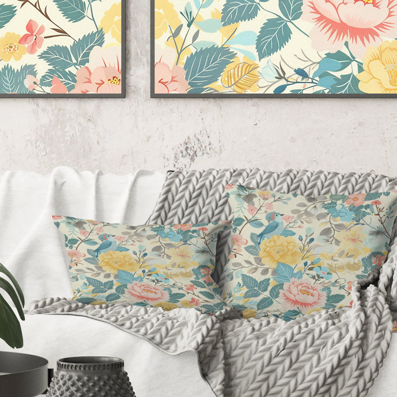 Coussin décoratif rose, rose et jaune Vintage Flower Paradise, H 16 po x l 16 po