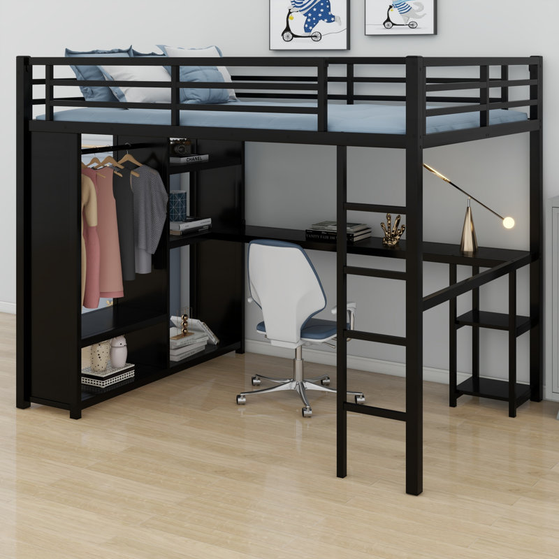 Lit mezzanine en métal peu encombrant avec garde-robe intégrée, bureau et tablettes de rangement
