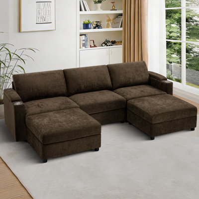 Canapé en U 108 po avec 2 repose-pieds, canapé modulaire convertible 5 places avec accoudoirs de rangement et porte-gobelets, canapé en chenille confortable avec sièges profonds pour le salon