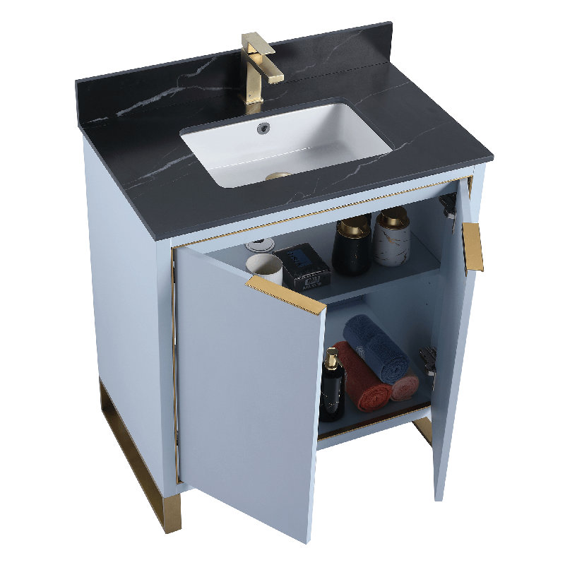 Gesa 30'' Single Bathroom Vanity with Stone Top, Pastel Blue, Satin Brass