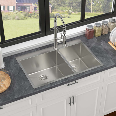 33" Double Bowl Drop-In Kitchen Sink 16 Gauge Stainless Steel 60/40 Split, Brushed Nickel