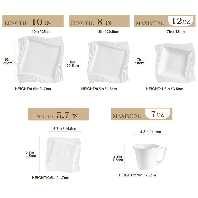 Service de table 30 pièces carré blanc ivoire moderne pour 6 personnes, comprenant assiettes, assiettes à dessert, bols à soupe, soucoupes et tasses, service complet