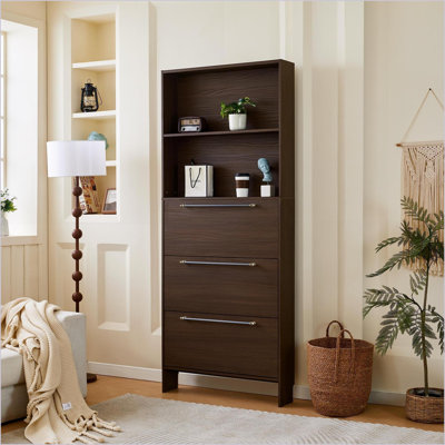 Shoe Cabinet with 3 Flip Drawers &amp; Top Storage, 78.75'' Tall Narrow Dark Walnut Modern Farmhouse | Walnut Brown | Hallways