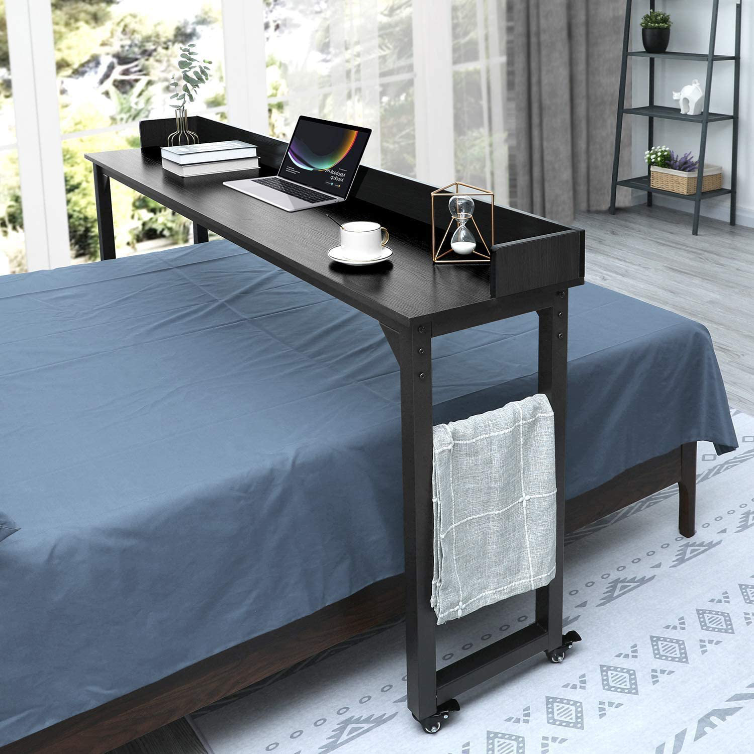 Dakera Overbed Table with Wheels, 70.8'' Rolling Bed Desk for Queen/Full Size Bed, MDF Panel + Metal Legs