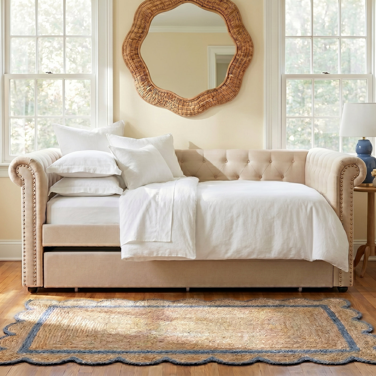 Mynard Upholstered Daybed with Trundle - Twin, Beige