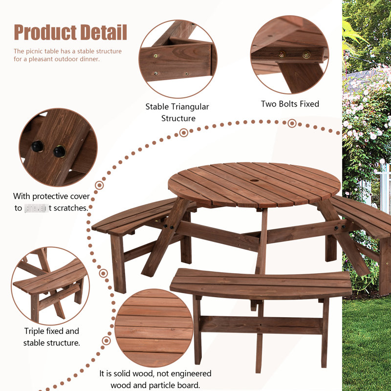 6 Picnic Table For Patio - 35.43" Tabletop, 3 Built-In Benches, 1720Lb Capacity, Rustic Style Brown Outdoor With 35" Round Top & Benches Patio, Backyard, Garden, Load Capacity