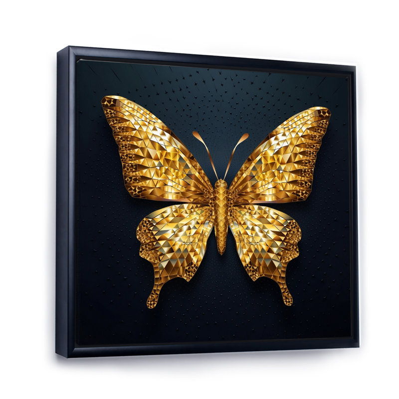 «Black and Gold Diamonds Butterly II», art mural papillon, Cadre flottant noir, H 36 po x l 36 po x P 1,5 po