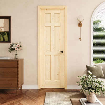 Porte pré-suspendue intérieure en bois de pin de 24 po x 80 po à 6 panneaux avec charnières noires, bois de pin naturel, porte intérieure comme porte de garde-manger, porte de chambre à coucher, porte de buanderie, portes de placard, portes de pièce, main gauche
