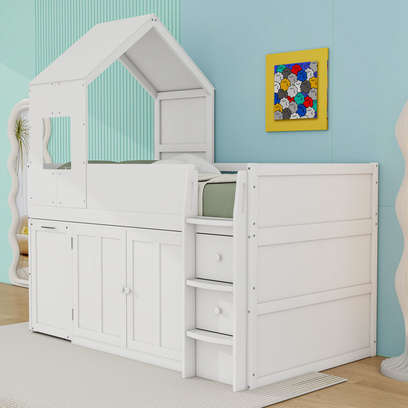 Twin Size Wooden Loft Bed with Desk and Drawers,Shelves, White