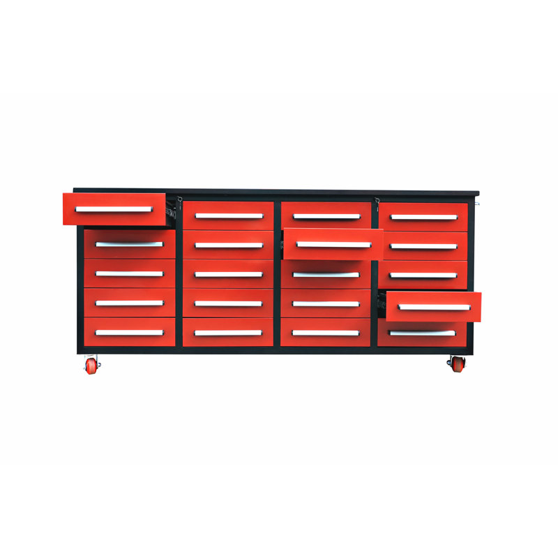 Armoire de rangement 7 pi avec banc de travail (20 tiroirs), avec roulettes, Rouge