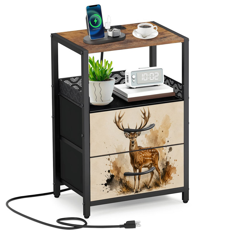 Table de chevet avec 2 tiroirs en tissu et station de charge