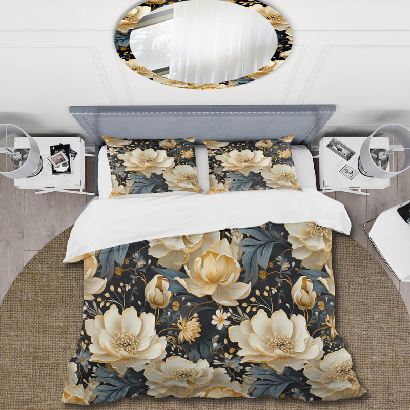 Luxueux motif de fleurs dorées et grises - Ensemble de housse de couette floral - Polyester en microfibre