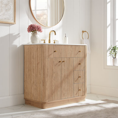 35.8" Modern Fluted Makeup Vanities, Integrated Ceramic Sink, 3 Drawers & Adjustable Shelf Floor Cabinet