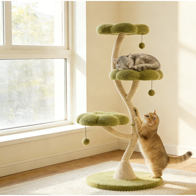 48.4" Modern Floral Cat Tree Tower with Multi-Level Viewing Platforms & Sisal Scratching Posts, Suitable for Cats of All Sizes,Green