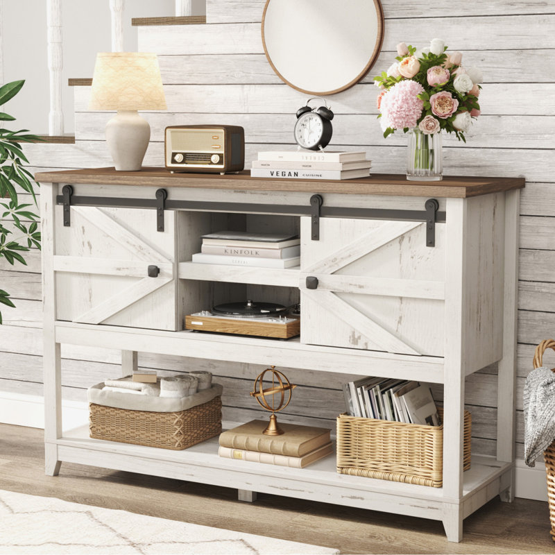 Farmhouse Entryway Table With Adjustable Shelf And Sliding Barn Doors, Hallway Table With Bottom Open Shelf, Behind Couch Table Console Table For Entrance, Living Room, Foyer, Rustic White