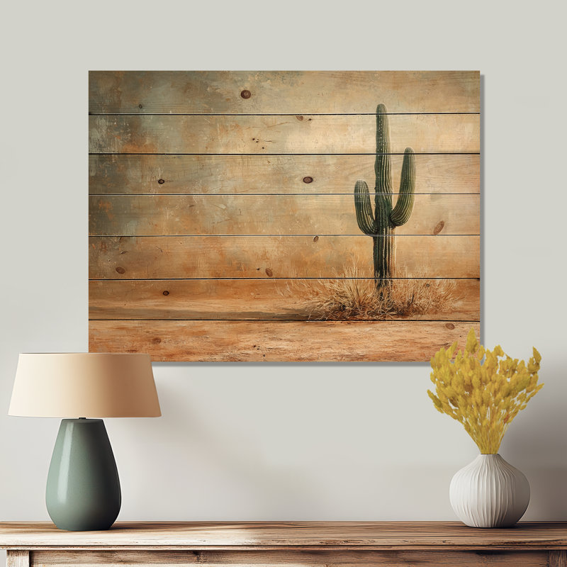 Minimalisme Cactus dans le vent du désert II - Décoration murale en bois de cactus floral - sur bois de pin naturel