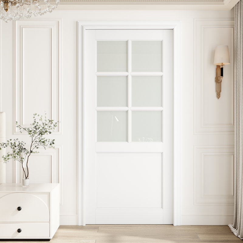 Porte intérieure en verre trempé givré de 36 po x 80 po 6-Lite, porte intérieure en blanc apprêté prêt à peindre, sans quincaillerie, pour la chambre à coucher, le placard, le couloir, le salon, le garde-manger et la salle de bain , Française et pliante