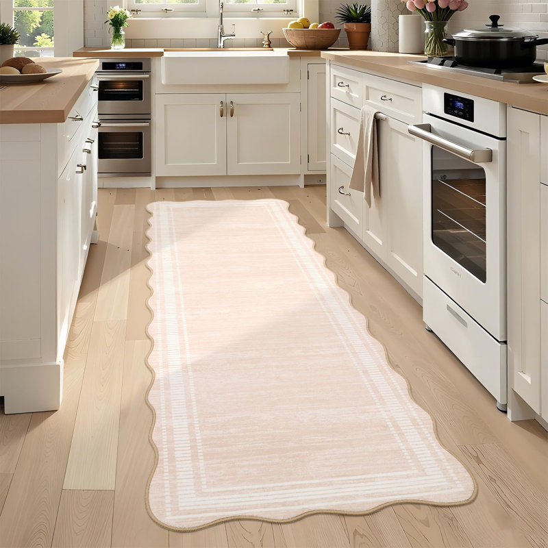 Scalloped 2x6 Area Rug Washable, Modern Pearl Velvet Living Room Carpet with Non-Slip Backing & Low Pile, Runner 2' x 6'