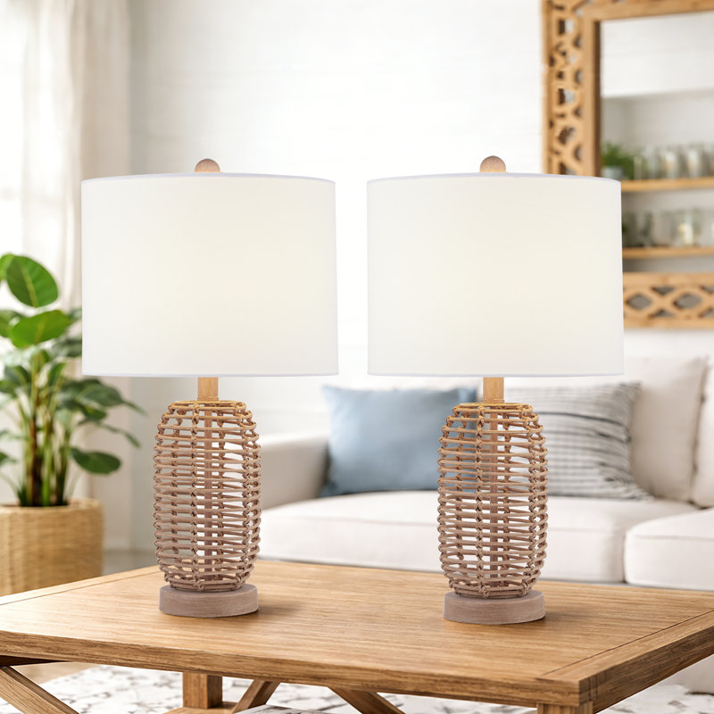 Lampe de table en rotin osier 21 "avec interrupteur à bouton et abat-jour en lin blanc Arcola
