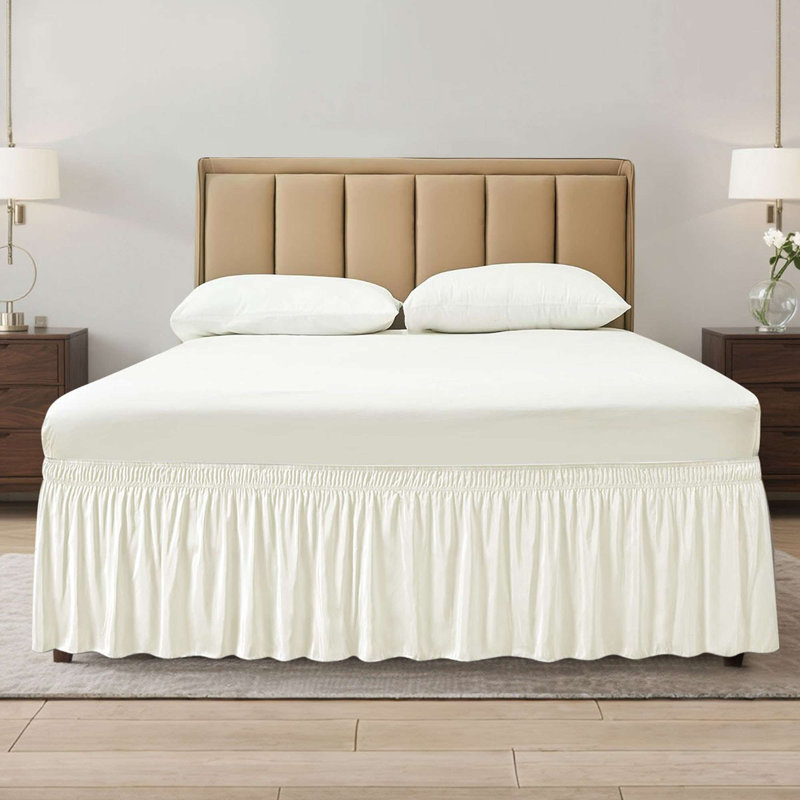 Wrap Around Bed Skirt Three Fabric Sides Elastic Dust Ruffled 16 Inch Tailored Drop, Cream Yellow, Queen