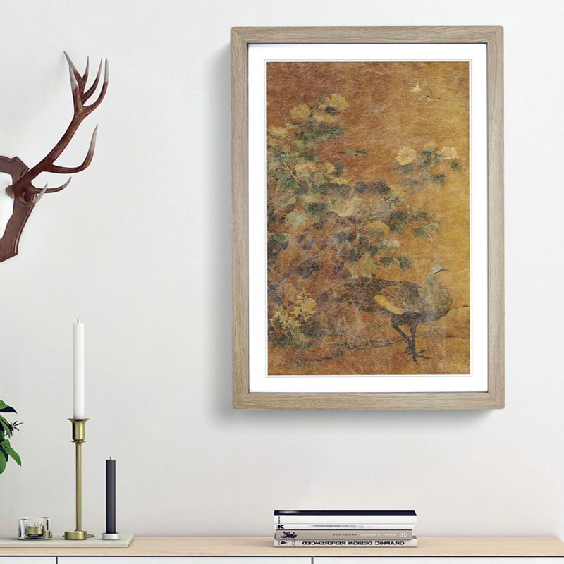 Peacock & Hollyhocks by Bian Lu - Picture Frame Painting Print, 65cm H x 48cm W x 2cm D, Oak Framed