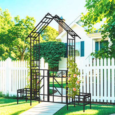 Metal Garden Arch With Gate With Planter W80.71*H97.24 Climbing Plants Support Rose Arch Outdoor Black