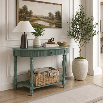 Vintage Solid Wood Half Moon Console Table with Drawer & Bottom Shelf, Entryway Accent Table Sofa Table with Fluted Drawer Front & Ornate Carved Roman Column Legs for Hallway, Living Room, Foyer, Living Room & Bedroom