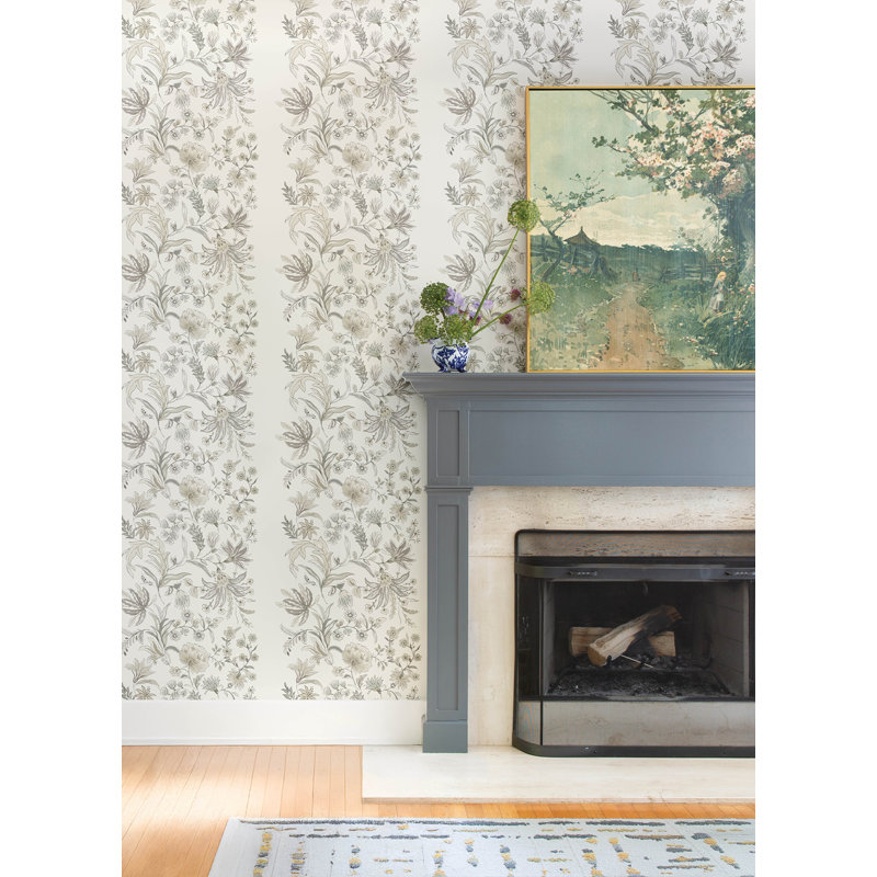 Teonna Light Pink Floral Stripe Wallpaper, Gray