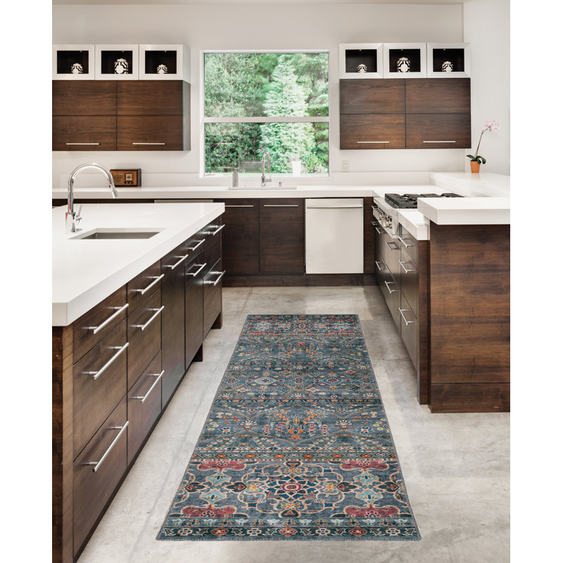 Aspers Machine Washable Teal and Ivory Area Rug, Runner 2' x 8'