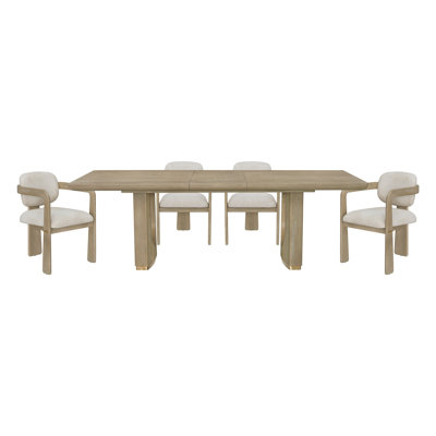 Modern Oak Finish 5pc Dining Set Table with Extension Leaf Chairs Beige Upholstery Curved Backrest Wooden Furniture