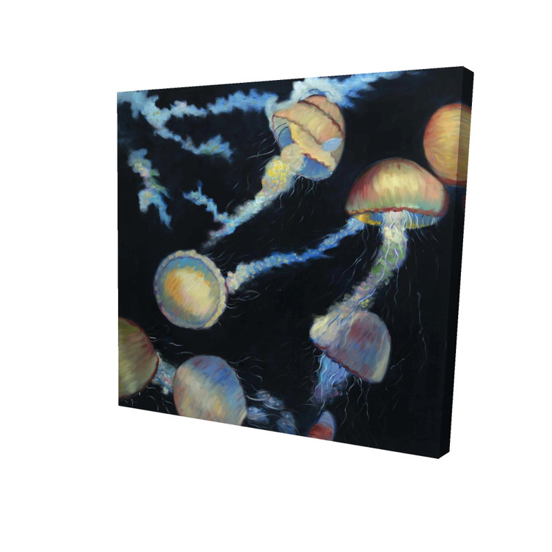 Méduse colorée dans le noir - décor de toile aquatique bleue, H 36 po x l 36 po
