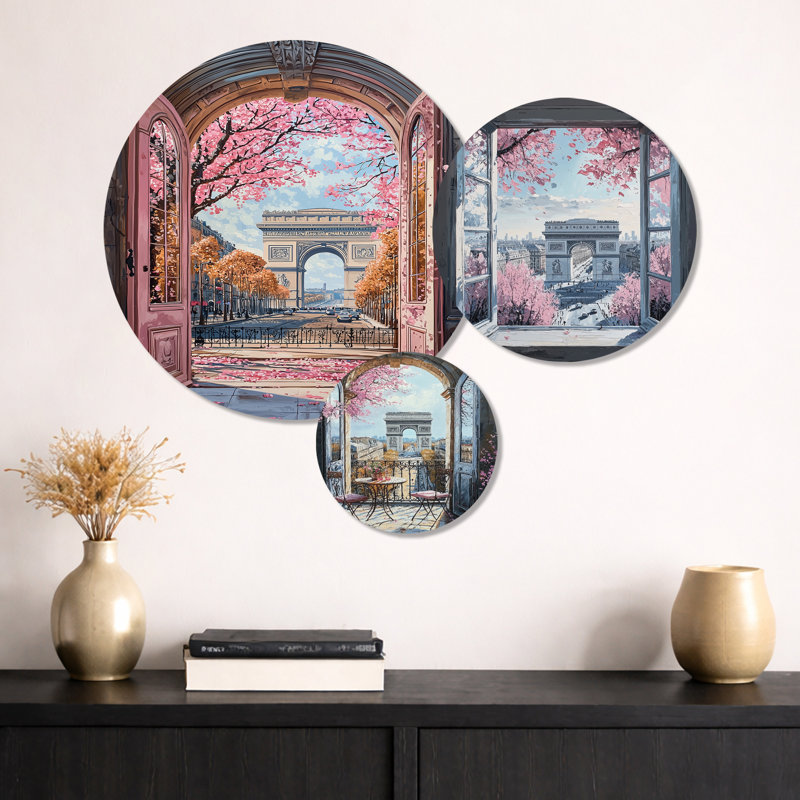 «Pink Arc De Triomphe Windows View I - Paris», ensemble de 3 reproductions d'art mural en métal