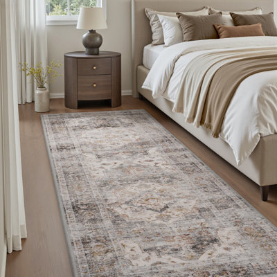 Tapis de couloir oriental gris doux lavable à la machine