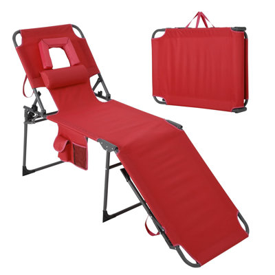 Fauteuil de bronzage pliant confortable avec trou pour le visage Qeetex - Dossier réglable à 5 positions, coussin, poche latérale, chaise longue d'extérieur portable pour le jardin, la piscine, la plage, la cour - rouge