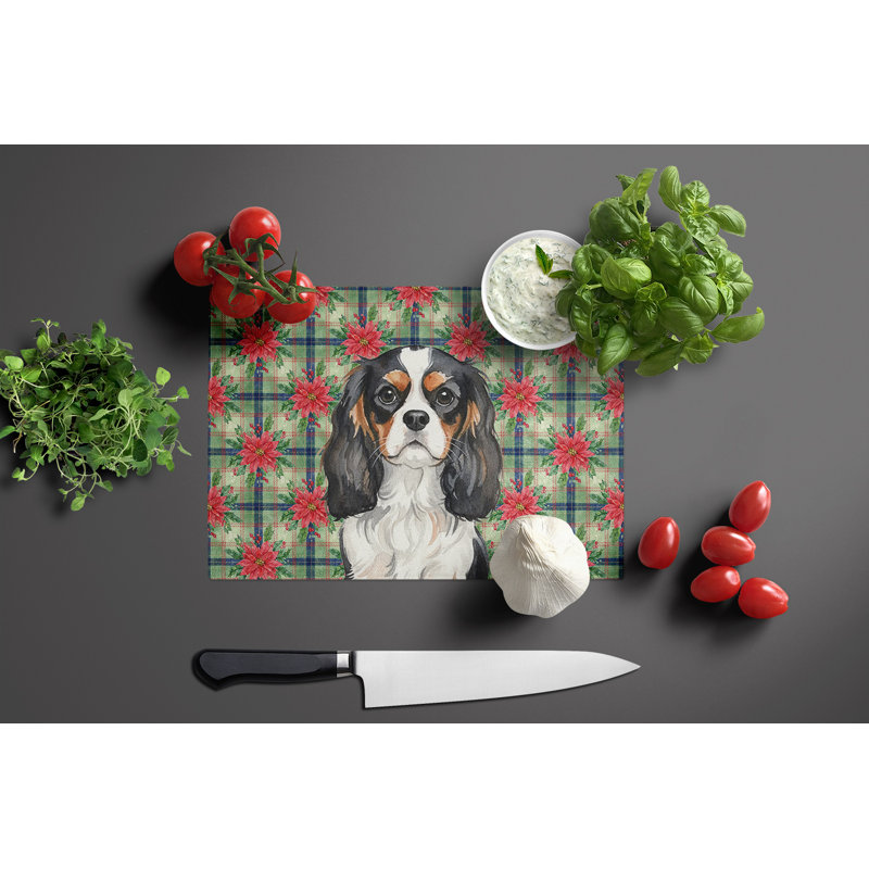 Planche à découper tricolore Cavalier Spaniel Christmas PoinsettIas, Noir / blanc