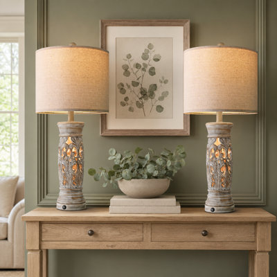 Set of 2 Rustic Farmhouse Table Lamps, 27.25" Vintage Bedside Lighting with Nightlights, USB-A/USB-C Ports and Included Bulbs for Bedrooms, Living Rooms, Entryways and Cozy Corners