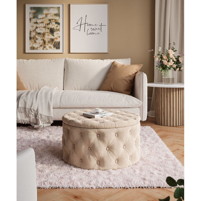 CHESTERFIELD Round Upholstered Pouf Hocker 70 cm, Beige Polyester